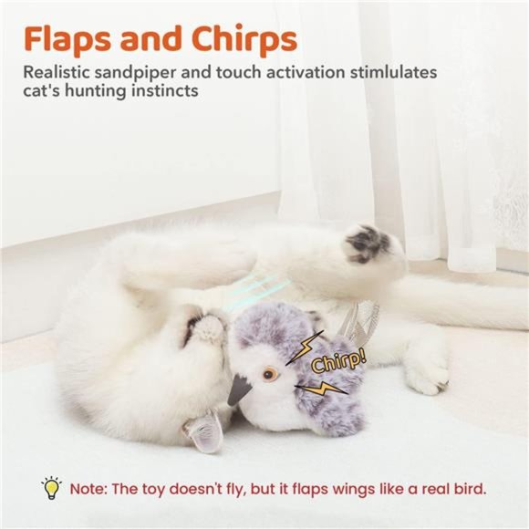 Cat Toys Flapping Bird (No Flying), Lifelike Sandpiper Chirp Tweet, Rechargeable - Picture 2 of 6